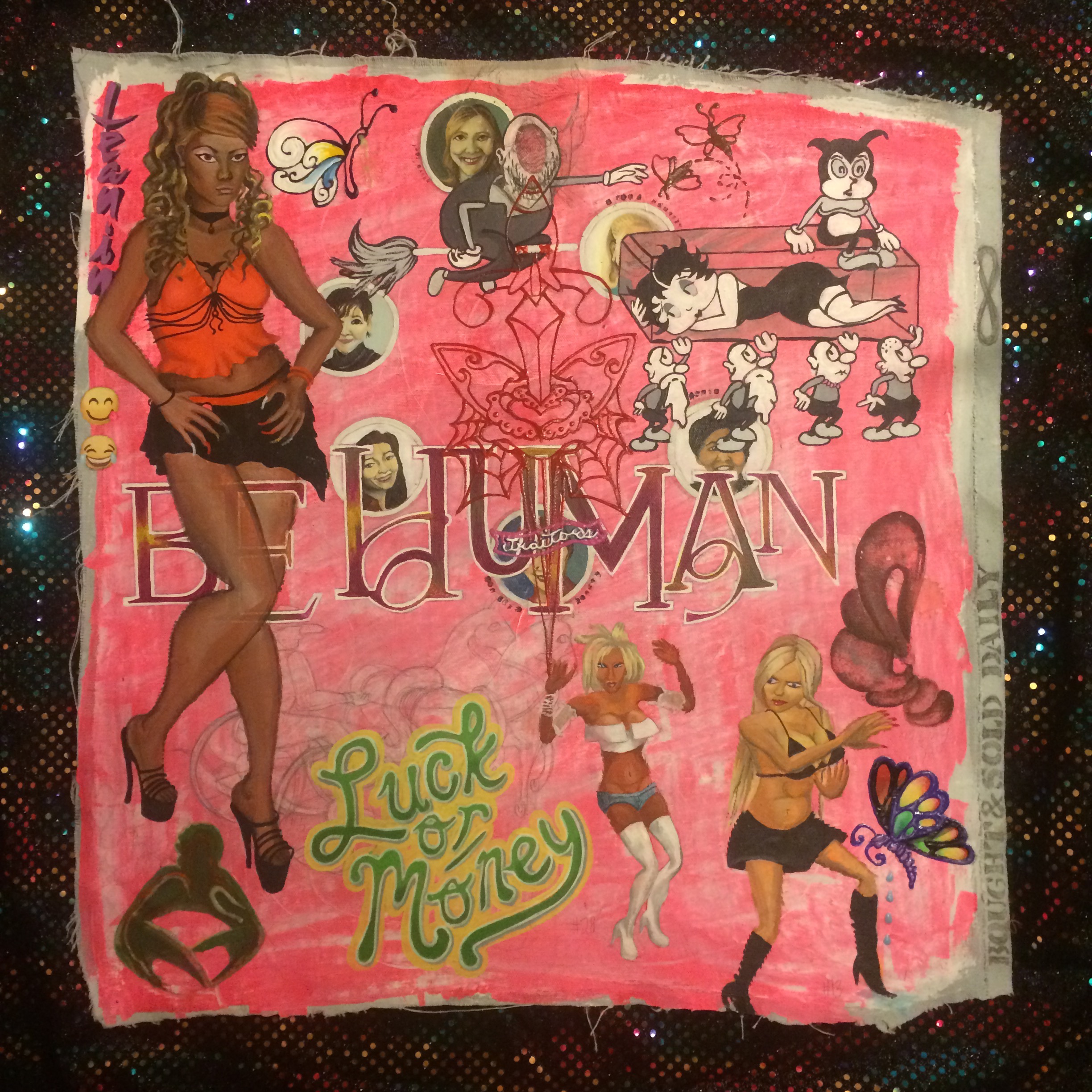picture of Be Human Painting.  Showing the top 6 female CEOs, a large text in the style of Danielle Dax that says Be Human, and women dancing