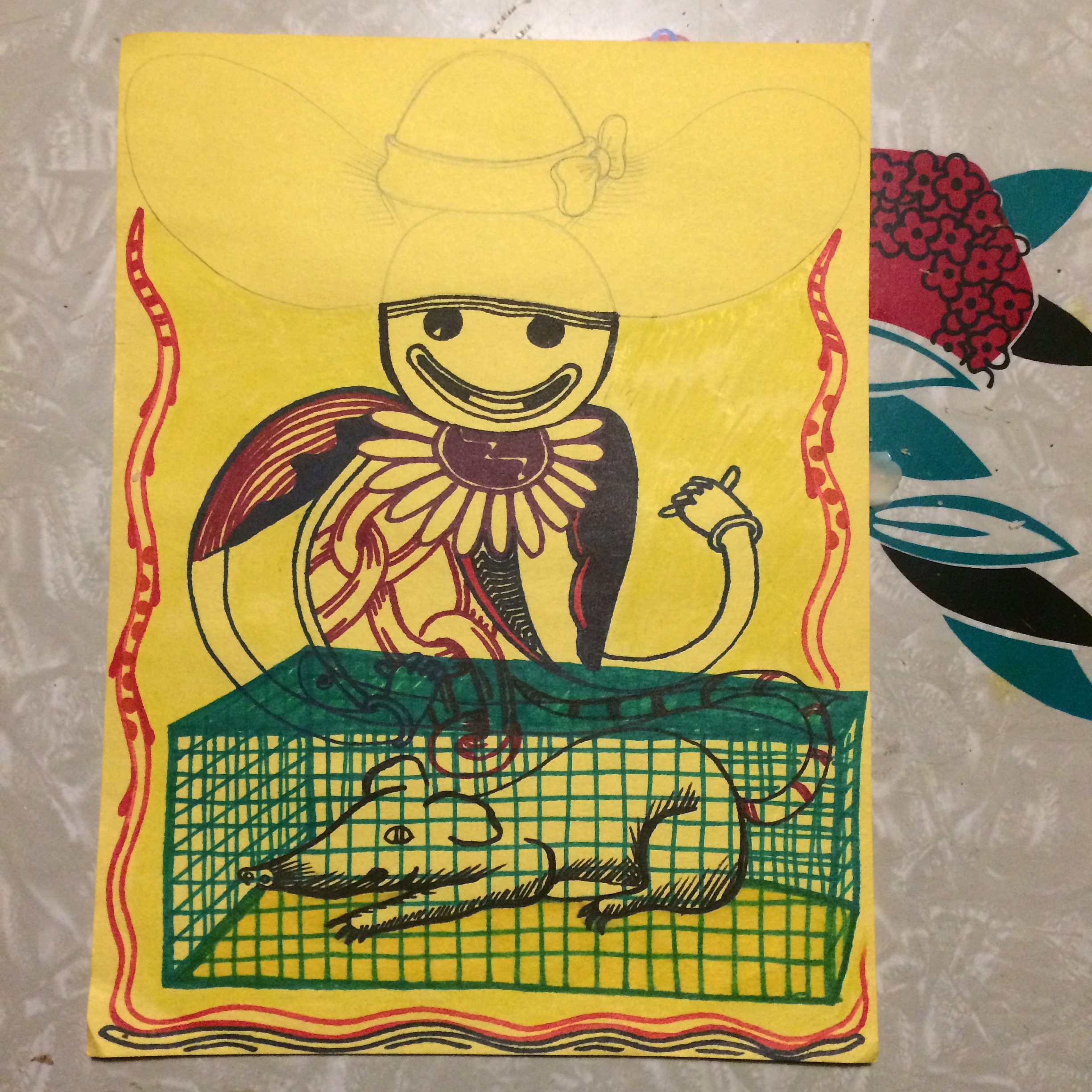 multicolored line drawing of a smiling man with chains and a rat in a cage on yellow paper